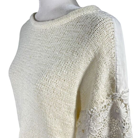 White + Warren Medium  White Floral Lace Sleeve Pullover Sweater Women’s - Picture 4 of 13